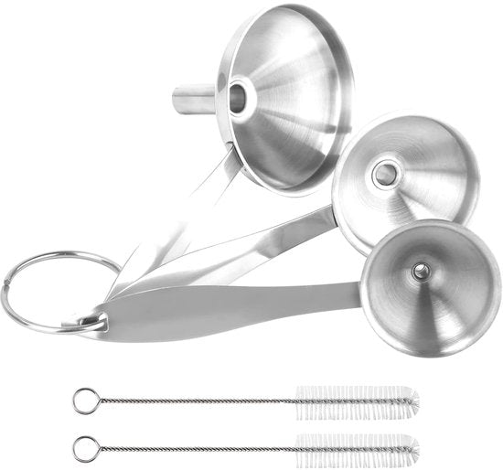 Stainless Steel Funnel Set Of 3 Kitchen Various Sizes Long Handles With 2 Cleaning Brushes Funnels