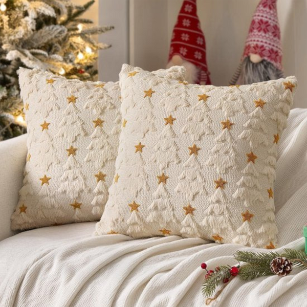 Christmas Pillowcases (2 Pack) White Tree & Star Pattern 45X45cm Cushion Covers