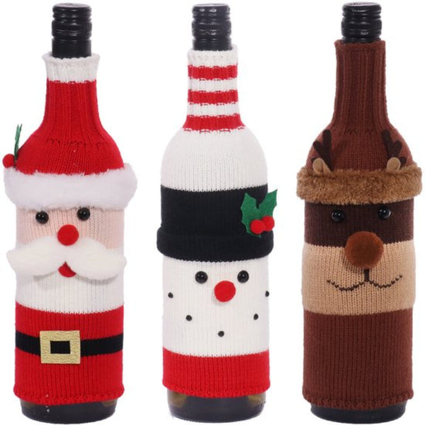 Christmas Wine Bottle Sleeves Bags Cartoon Knitted Santa Snowman Deer Decorations Set 3Pcs Seasonal Decorations