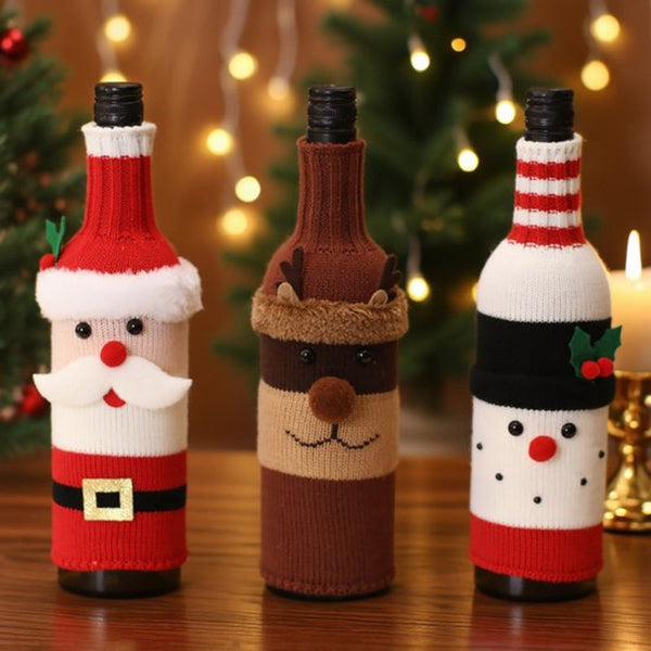 Christmas Wine Bottle Sleeves Bags Cartoon Knitted Santa Snowman Deer Decorations Set 3Pcs Seasonal Decorations