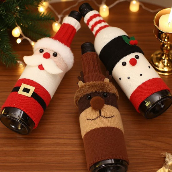 Christmas Wine Bottle Sleeves Bags Cartoon Knitted Santa Snowman Deer Decorations Set 3Pcs Seasonal Decorations
