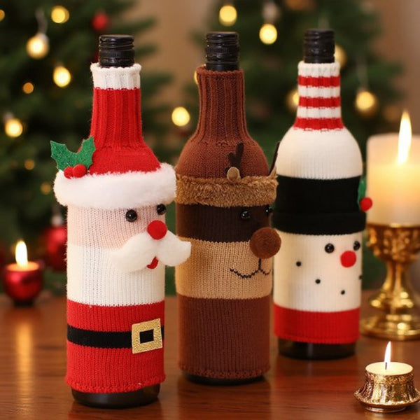 Christmas Wine Bottle Sleeves Bags Cartoon Knitted Santa Snowman Deer Decorations Set 3Pcs Seasonal Decorations
