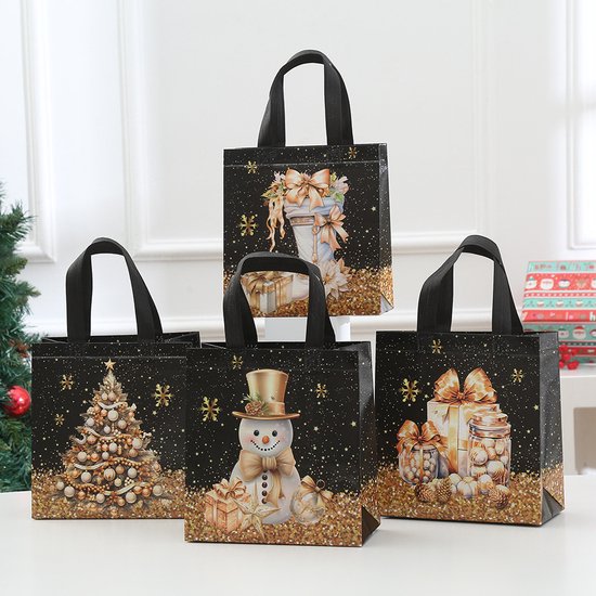 Black & Gold Christmas 12 Pack Waterproof Non Woven Fabric Gift Bags