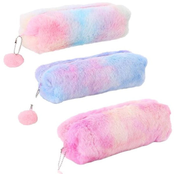 Fluffy Fleece Rainbow Gradient 3 Piece Set For Girls Pencil Cases