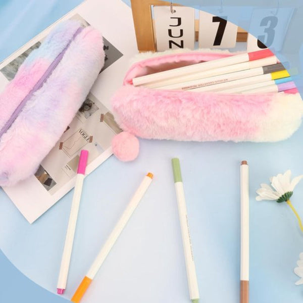 Fluffy Fleece Rainbow Gradient 3 Piece Set For Girls Pencil Cases
