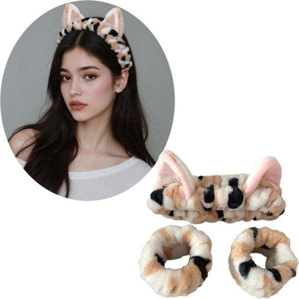 3 Piece Set Wristbands Cute Cat And Designed For Women Face Cleanser Makeup Girls Plush Hair Ties Grooming Accessories Headbands