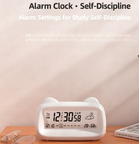 Cat Shaped Digital Alarm Clock With Light Temp & Humidity Display Pink Alarm Clocks & Clock Radios