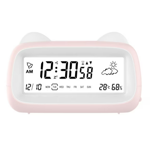 Cat Shaped Digital Alarm Clock With Light Temp & Humidity Display Pink Alarm Clocks & Clock Radios