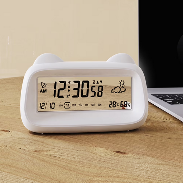 Cat Shaped Digital Alarm Clock With Light Temp/Humidity Weather Display Blue Alarm Clocks & Clock Radios