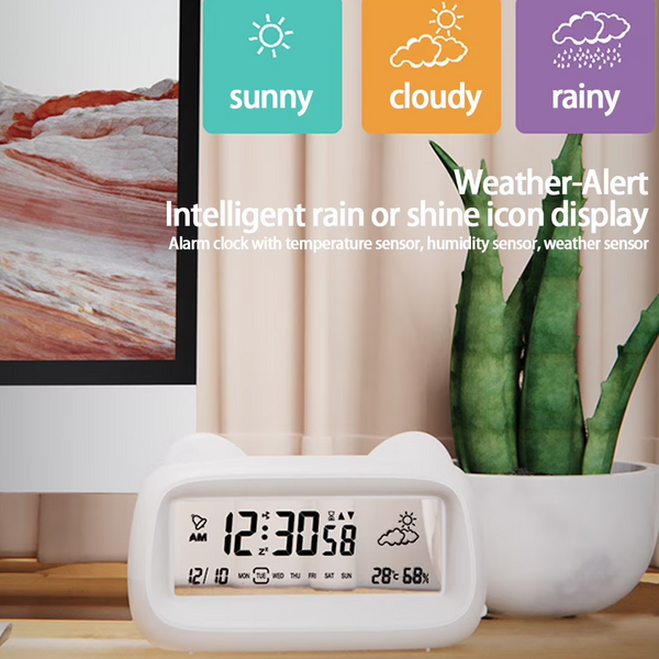 Cat Shaped Digital Alarm Clock With Light Temp/Humidity Weather Display Blue Alarm Clocks & Clock Radios