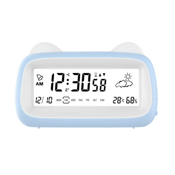 Cat Shaped Digital Alarm Clock With Light Temp/Humidity Weather Display Blue Alarm Clocks & Clock Radios