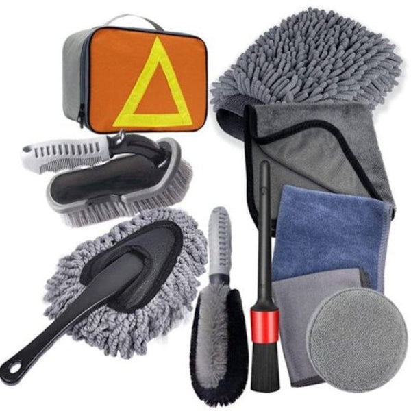 10 Piece Car Wash Polishing Set Professional Tool Brushes Microfiber Cloths Storage Box Black Grey Waxes & Polishes