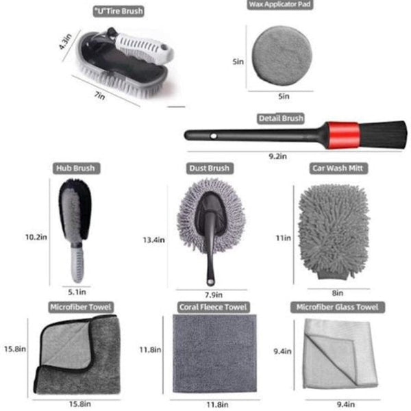 10 Piece Car Wash Polishing Set Professional Tool Brushes Microfiber Cloths Storage Box Black Grey Waxes & Polishes
