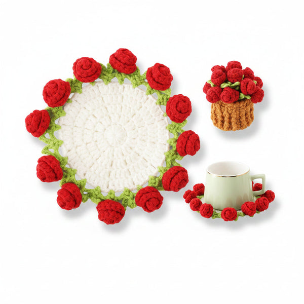 Rose Floral Coaster With Mini Basket Pink Textile Coasters