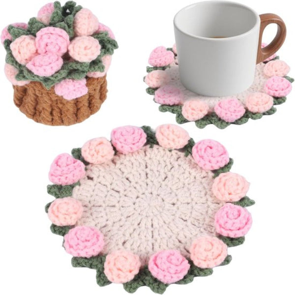 Rose Floral Coaster With Mini Basket Pink Textile Coasters