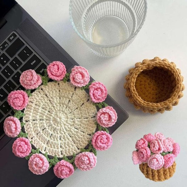 Rose Floral Coaster With Mini Basket Pink Textile Coasters