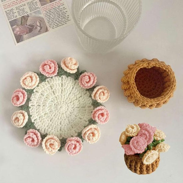 Rose Floral Coaster With Mini Basket Pink Textile Coasters