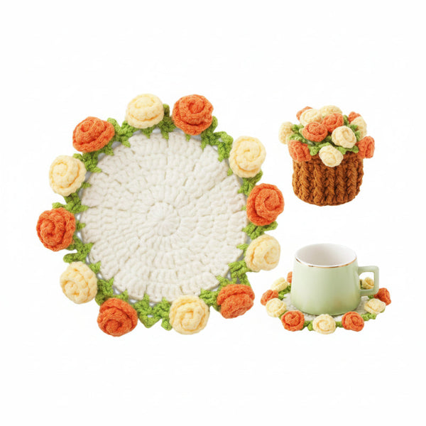Rose Floral Coaster With Mini Basket Pink Textile Coasters