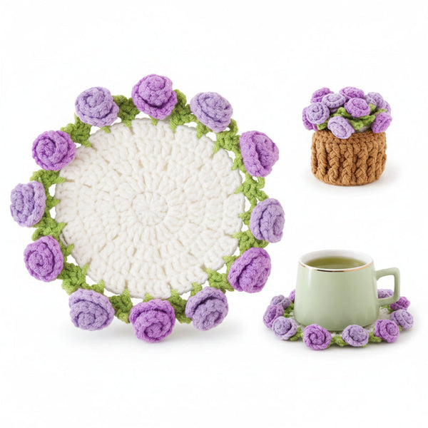 Rose Floral Coaster With Mini Basket Pink Textile Coasters