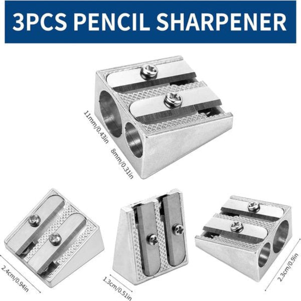 3 Piece Double Hole Manual Pencil Sharpener Portable Silver Pencil Sharpeners