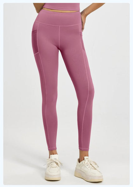 Women's Slim Fit High Waist Yoga With Pockets Dark Pink Size L Pants
