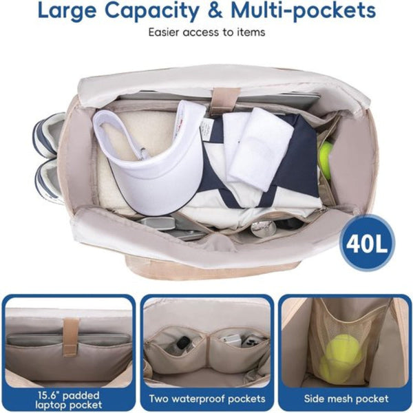 Tennis Bag Extra Large Sports With Shoe Compartment Suitable For 2 4 Rackets Waterproof And Lightweight Unisex Beige Bags