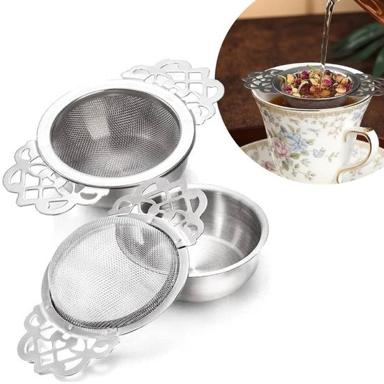2 Piece Set Stainless Steel Tea Infuser Steeper With Handle And Drip Cup 6.5 Cm Mesh Filter Colanders Strainers & Sifters