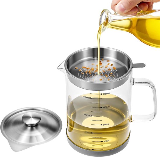 Leak Proof Glass Oil Can With Mesh Filter 1.5L Kitchen Grease Container Oil & Vinegar Dispensers