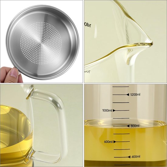 Leak Proof Glass Oil Can With Mesh Filter 1.5L Kitchen Grease Container Oil & Vinegar Dispensers