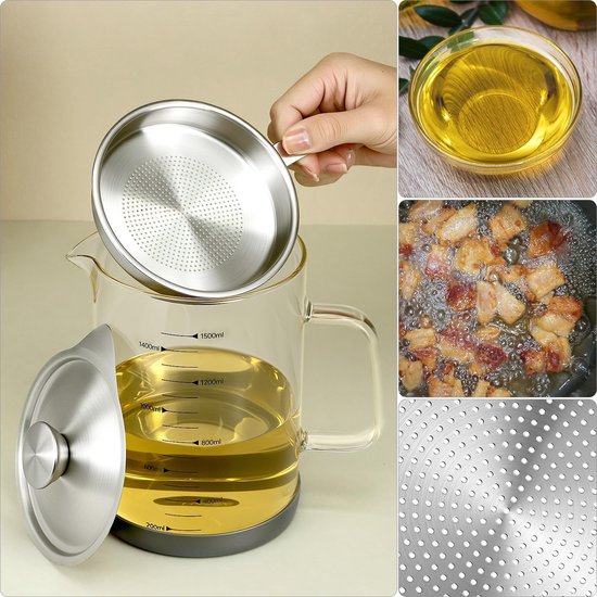 Leak Proof Glass Oil Can With Mesh Filter 1.5L Kitchen Grease Container Oil & Vinegar Dispensers