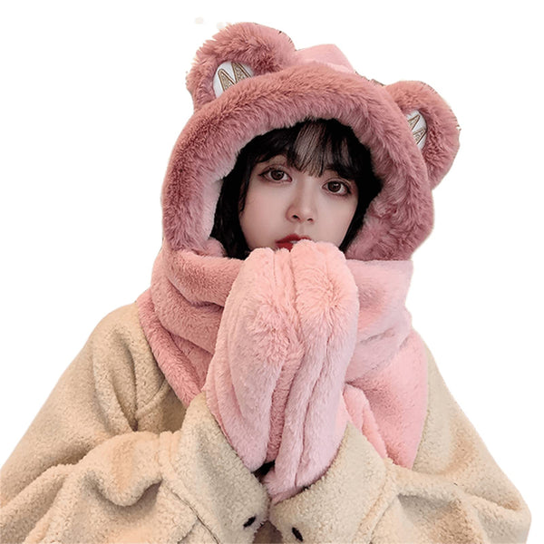 Womens Girls Teddy Bear Winter Hat Scarf Mittens 3 In 1 Plush Fleece Hooded With Ears Warm Fluffy Pink Piece Hats
