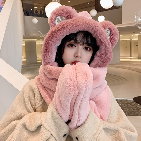 Womens Girls Teddy Bear Winter Hat Scarf Mittens 3 In 1 Plush Fleece Hooded With Ears Warm Fluffy Pink Piece Hats