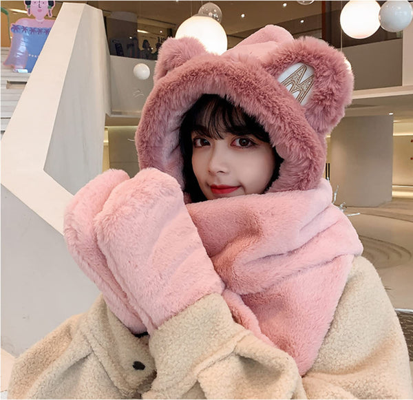 Womens Girls Teddy Bear Winter Hat Scarf Mittens 3 In 1 Plush Fleece Hooded With Ears Warm Fluffy Pink Piece Hats