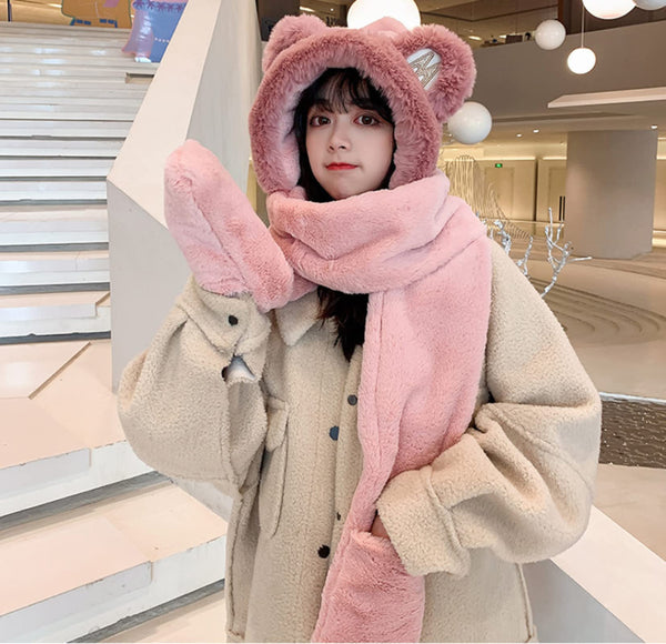 Womens Girls Teddy Bear Winter Hat Scarf Mittens 3 In 1 Plush Fleece Hooded With Ears Warm Fluffy Pink Piece Hats