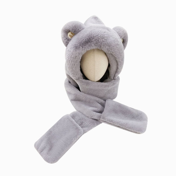 Womens Girls Teddy Bear Winter Hat Scarf Mittens 3 In 1 Plush Fleece Hooded With Ears Warm Fluffy Pink Piece Hats