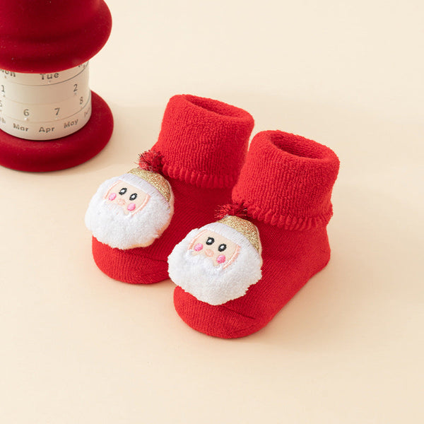 Baby Christmas Socks Non Slip First Warm House Snowman Reindeer Tree Santa Hat Gift Booties Winter Clothes Maternity 3D Figures Outfit Red Mix 6 Pairs