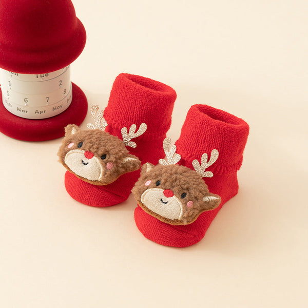 Baby Christmas Socks Non Slip First Warm House Snowman Reindeer Tree Santa Hat Gift Booties Winter Clothes Maternity 3D Figures Outfit Red Mix 6 Pairs