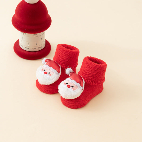 Baby Christmas Socks Non Slip First Warm House Snowman Reindeer Tree Santa Hat Gift Booties Winter Clothes Maternity 3D Figures Outfit Red Mix 6 Pairs