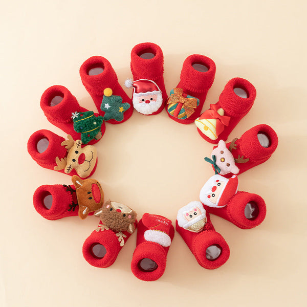 Baby Christmas Socks Non Slip First Warm House Snowman Reindeer Tree Santa Hat Gift Booties Winter Clothes Maternity 3D Figures Outfit Red Mix 6 Pairs