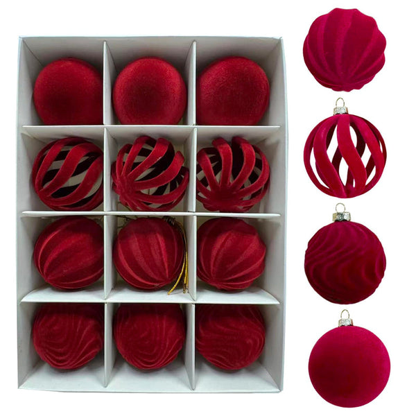 Christmas Baubles Set Of 12 Velvet Red 5.6Cm Diameter Unbreakable Ornaments Seasonal Decorations