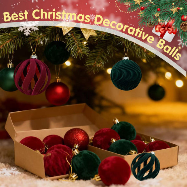 Christmas Baubles Set Of 12 Velvet Red 5.6Cm Diameter Unbreakable Ornaments Seasonal Decorations