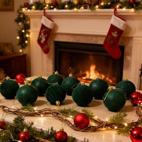 Christmas Baubles Set Of 12 Velvet Red 5.6Cm Diameter Unbreakable Ornaments Seasonal Decorations