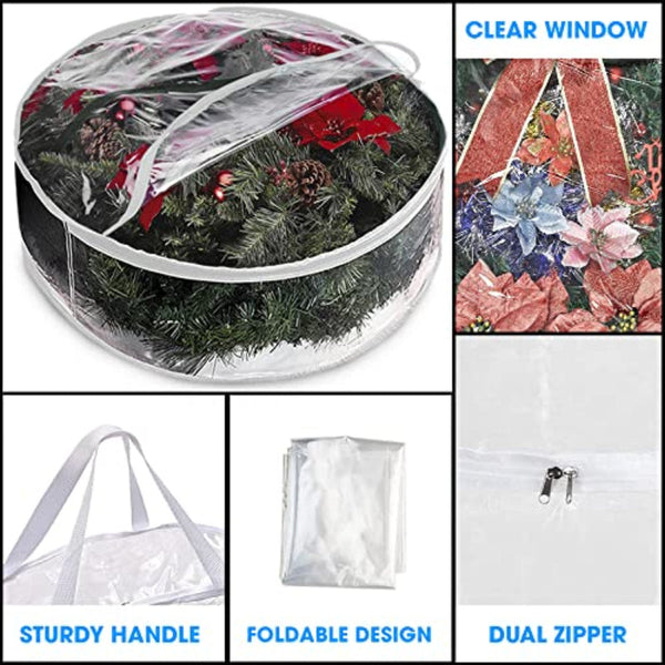 2 Piece Wreath Storage Bag 60Cm Transparent Organizer With Handles Storage Bags