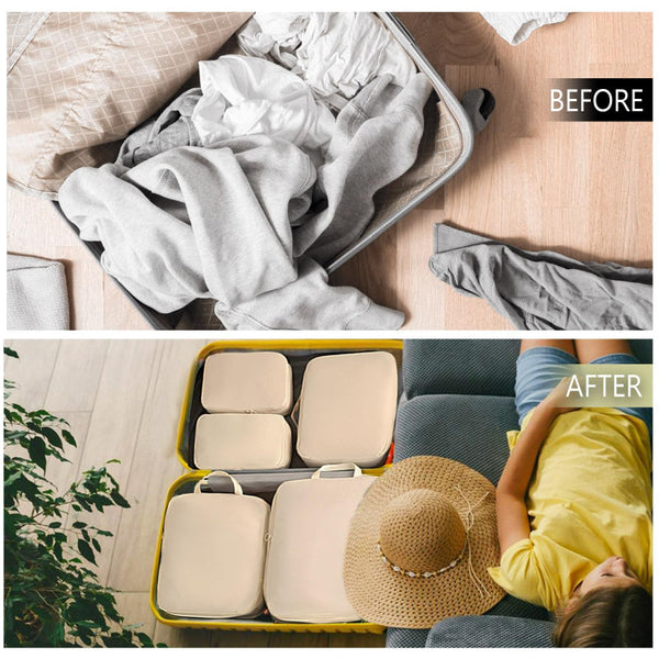6 Piece Travel Organizer Set Beige Water Repellent Suitcase Luggage Cubes Packing Organisers