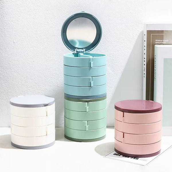 Jewelry Box Organizer Storage With Mirror Make Up Earring Holder Rotating System 4 Layers Compact Accessories Tray Modern Design White 1 Piece Jewelle