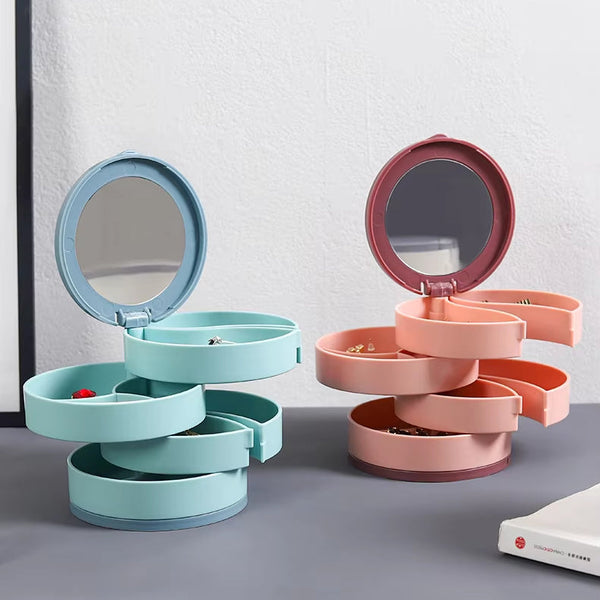Jewelry Box Organizer Storage With Mirror Make Up Earring Holder Rotating System 4 Layers Compact Accessories Tray Modern Design White 1 Piece Jewelle