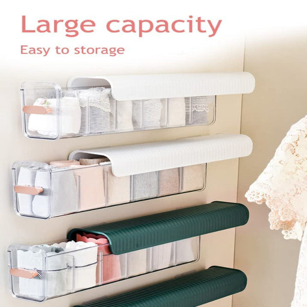 Underwear Sock Wardrobe Organizer Wall Mounted No Drilling Storage Box With 6 Compartments Lingerie Self Adhesive Cable Transparent White 1 Piece Clos