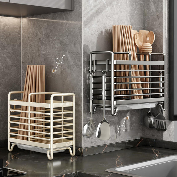 Cutlery Holder Kitchen Organizer Tray Countertop Utensil Rack Drainer Spoon Drying Accessories With Drip And Hooks Metal White 1 Piece Cutlery Storage