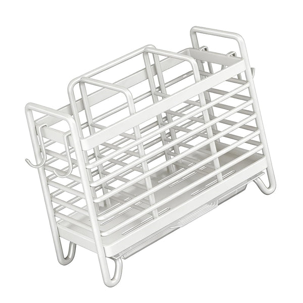 Cutlery Holder Kitchen Organizer Tray Countertop Utensil Rack Drainer Spoon Drying Accessories With Drip And Hooks Metal White 1 Piece Cutlery Storage