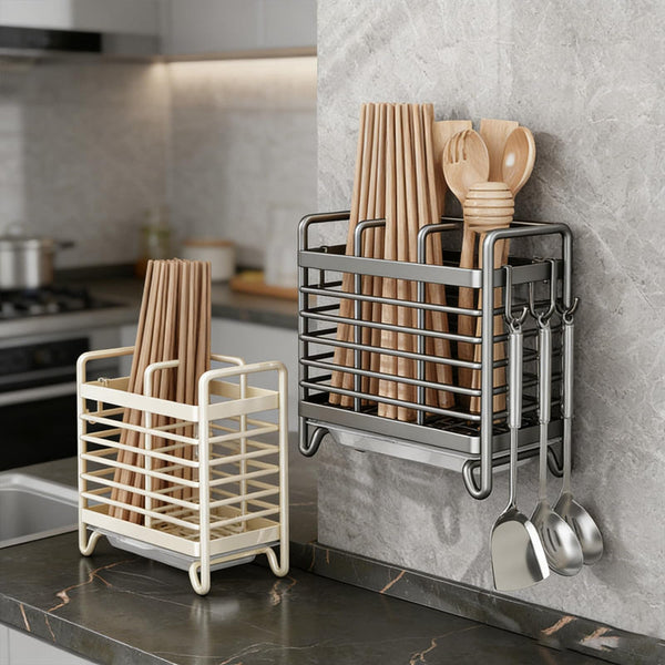 Cutlery Holder Kitchen Organizer Tray Countertop Utensil Rack Drainer Spoon Drying Accessories With Drip And Hooks Metal White 1 Piece Cutlery Storage